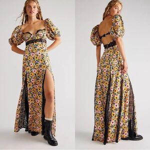 For Love & Lemons Slyvia Floral Lace Puff Short Sleeve Slit Maxi Dress Yellow